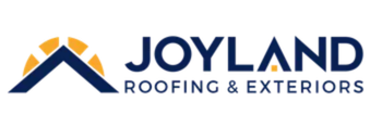 Logo for Joyland Roofing & Exteriors: navy blue roof over a yellow sunburst, navy blue text.