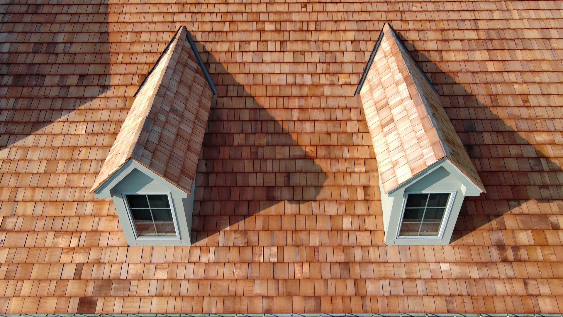 Two small dormer windows on a cedar shingle roof, viewed from above.