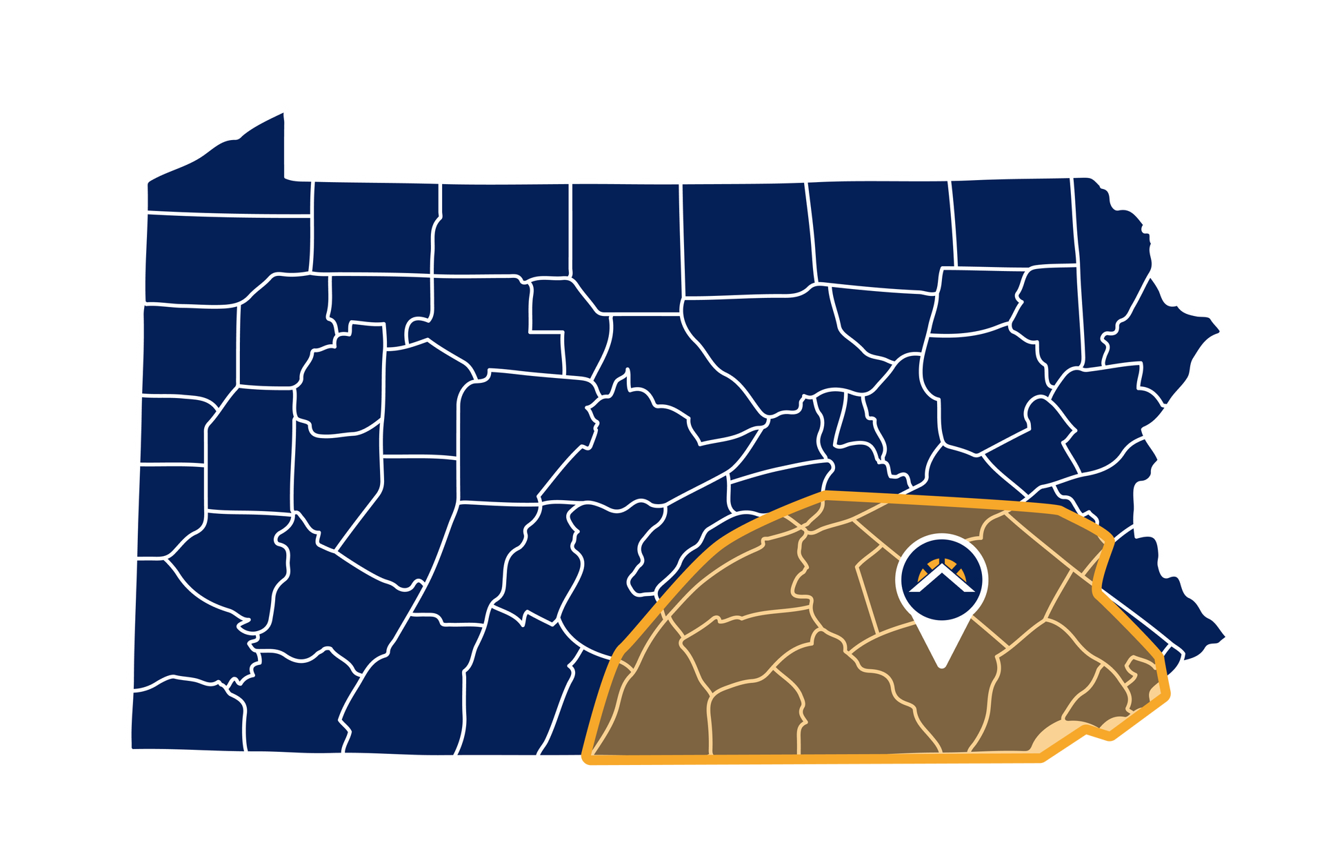 Map of Pennsylvania highlighting the southeastern region in brown, with a location pin.