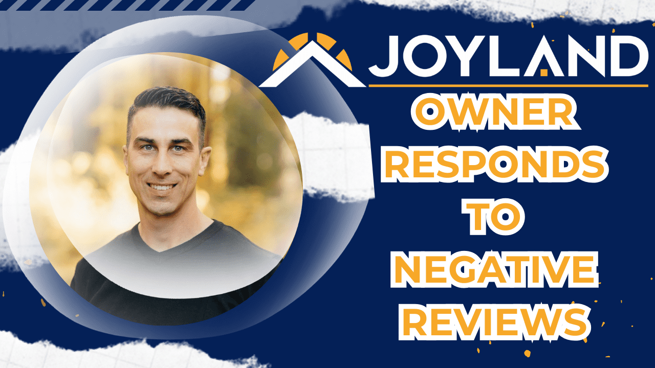 Man with Joyland logo responds to negative reviews, set against blue and white graphic.