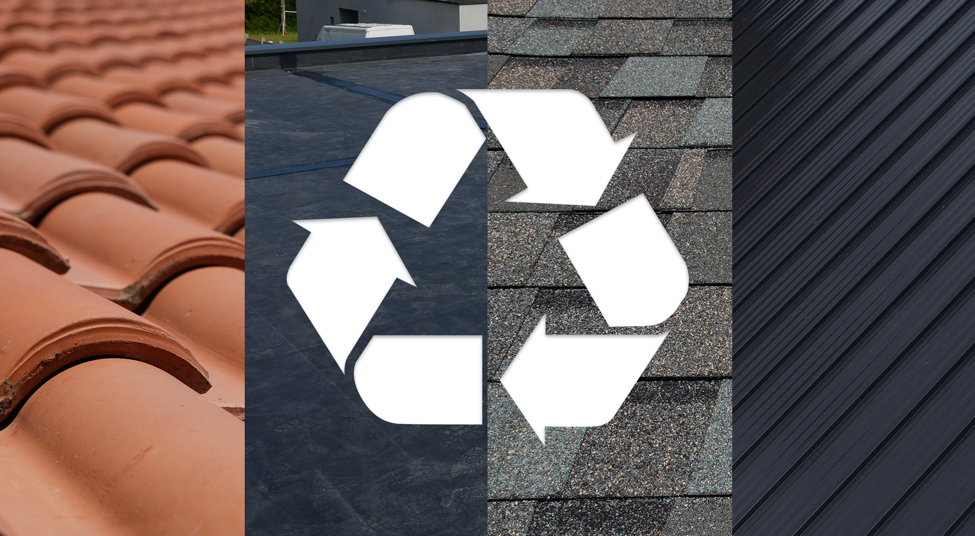 Four roofing types with a recycle symbol: clay tile, flat roof, asphalt shingles, and metal panels.