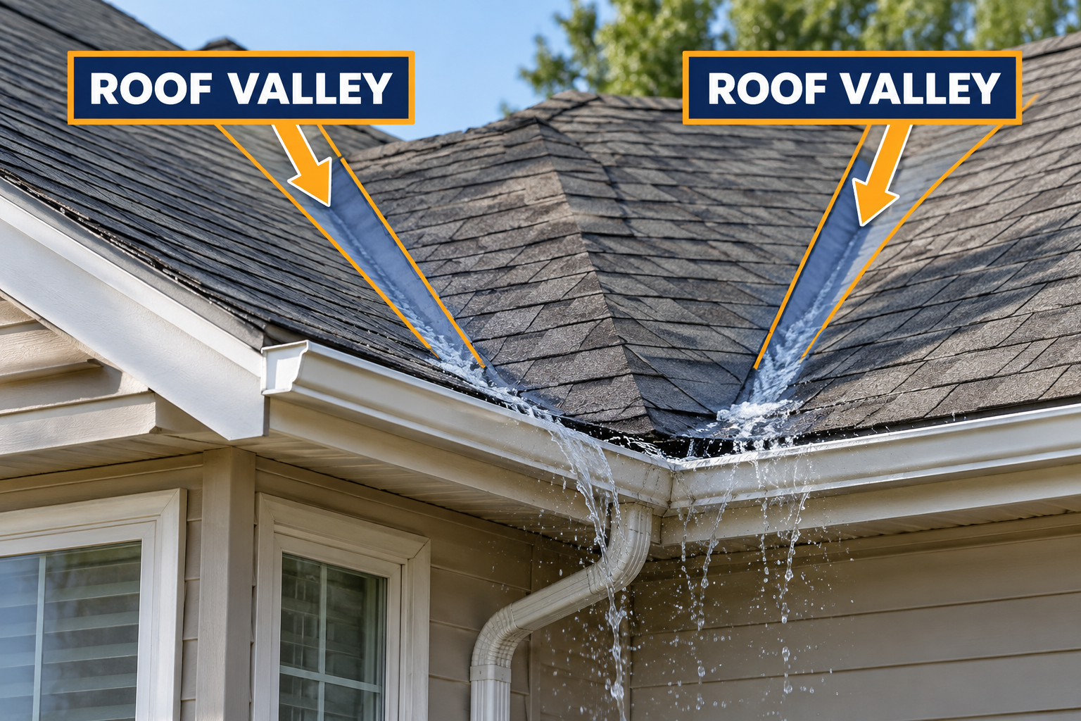 Roof valley diagram with two roof valleys highlighted in orange and arrows showing the direction rainwater travels toward the gutters
