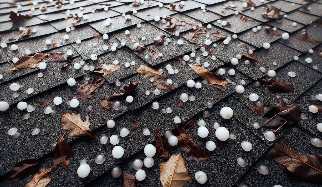 Hailstones and fallen leaves on a dark shingle roof.