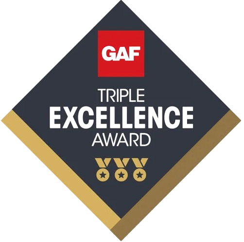GAF Triple Excellence Award badge with a red top, gold trim, and three gold medallions.