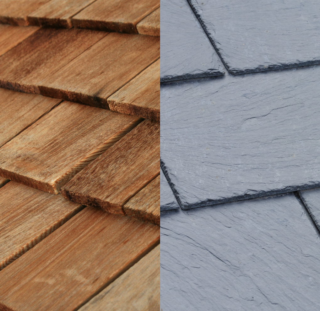 Split-view of brown wooden shingles beside gray slate roof tiles