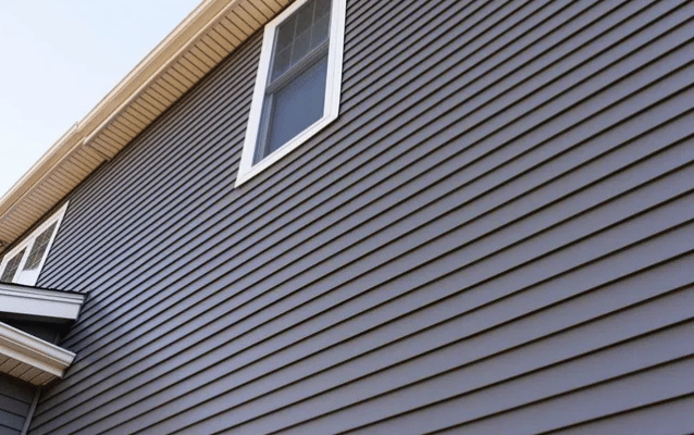Dark gray siding on a house with white-framed windows and beige eaves.