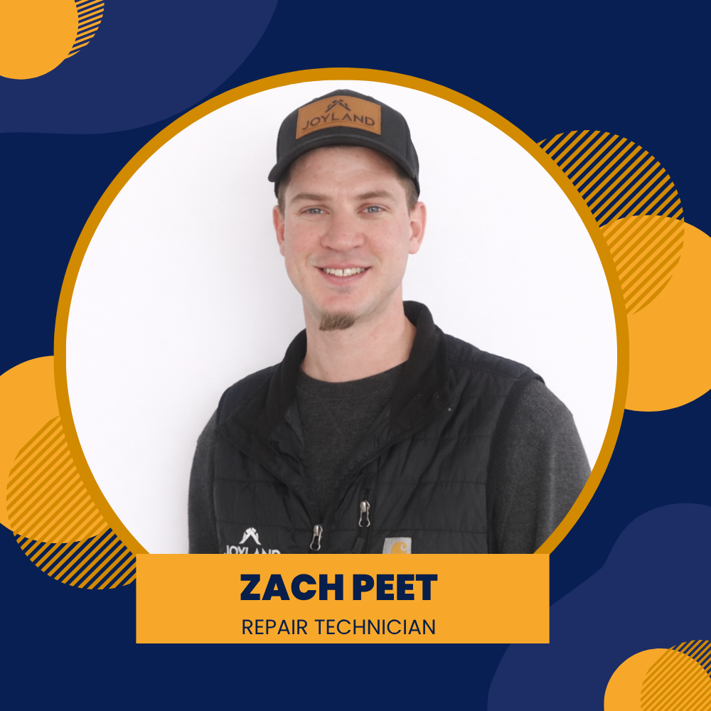 Headshot of Zach Peet, repair technician, on a blue and gold graphic background