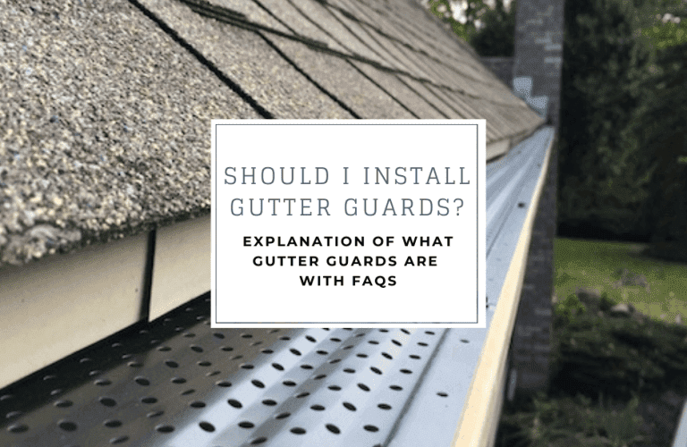 Close-up of a house gutter with perforated metal gutter guards. Text overlay reads 