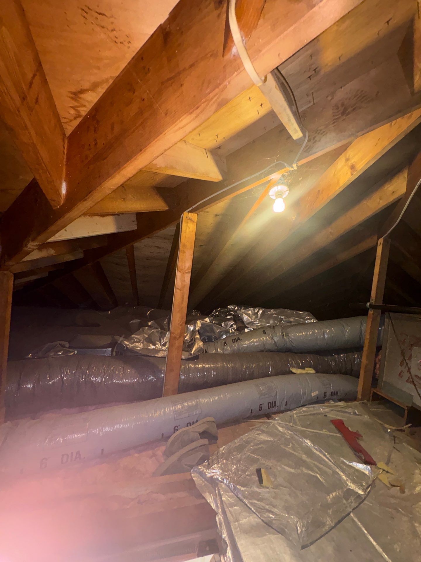 Attic inspection showing roof framing and signs of moisture assessment before a roof replacement on Shatto Drive in Carlisle, PA.