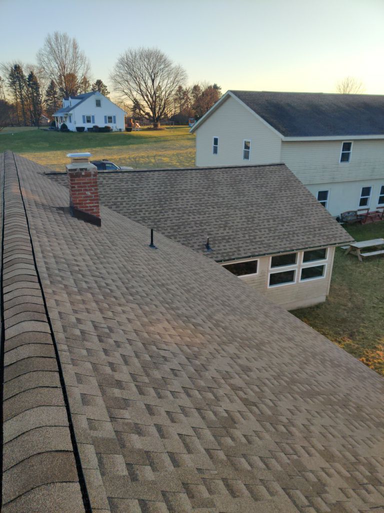 Asphalt shingle roof viewed from above on Berne Road in Hamburg, PA.