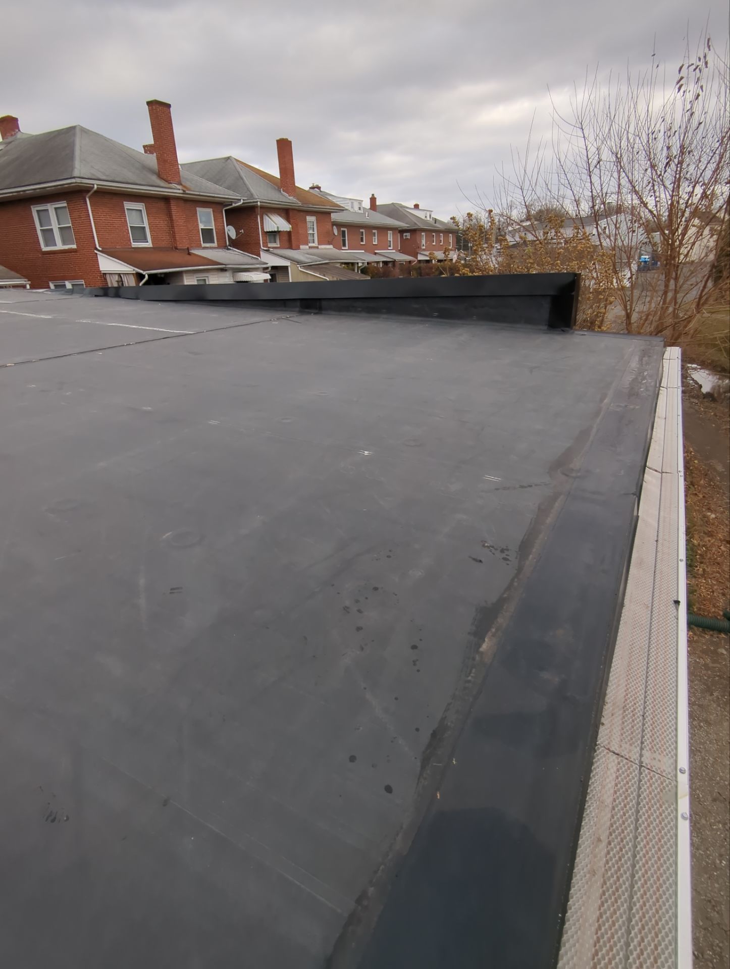 Flat black rooftop with brick houses and trees in the background under an overcast sky
