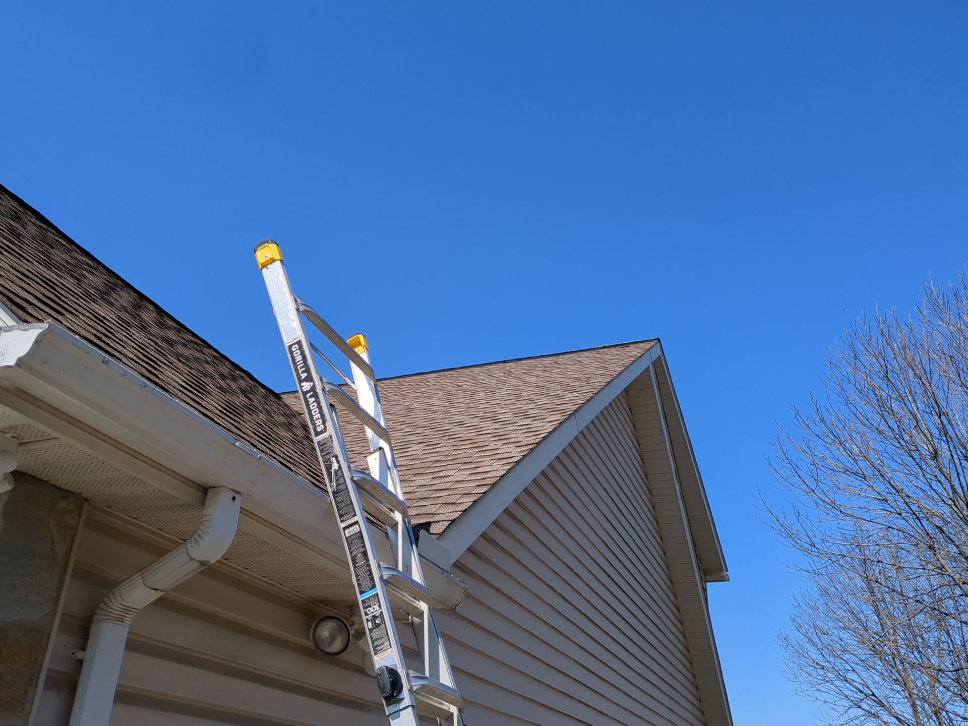 Ladder leaning against a house roof under a clear blue sky