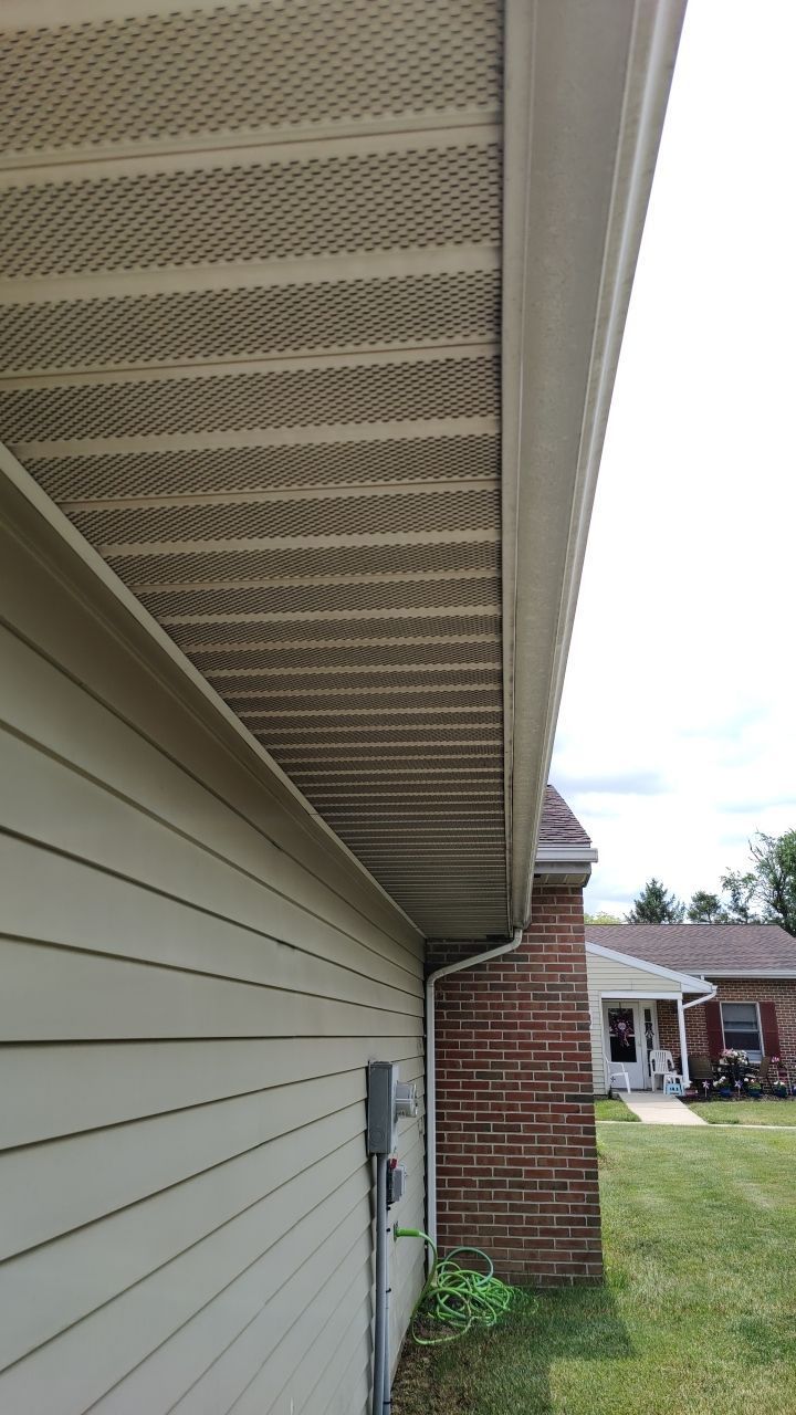 Gutter, perforated soffit, and roof edge along a residential building on College Boulevard in Kutztown, PA.