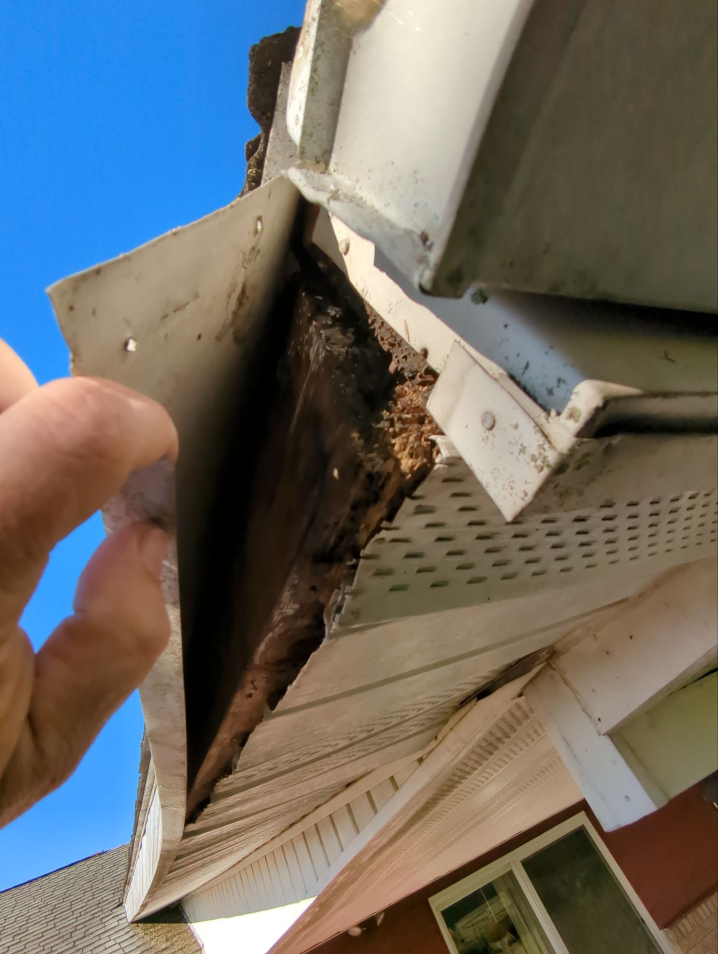 Roof inspection showing damaged fascia and gutter area on a residential property along Drebelbis Road in Hamburg, PA.
