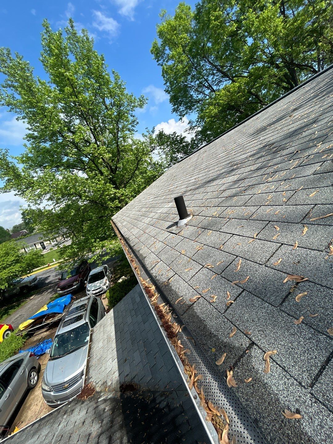 Architectural shingle roof inspected on East Carpenter Avenue in Myerstown, PA with gutter guard system installed.