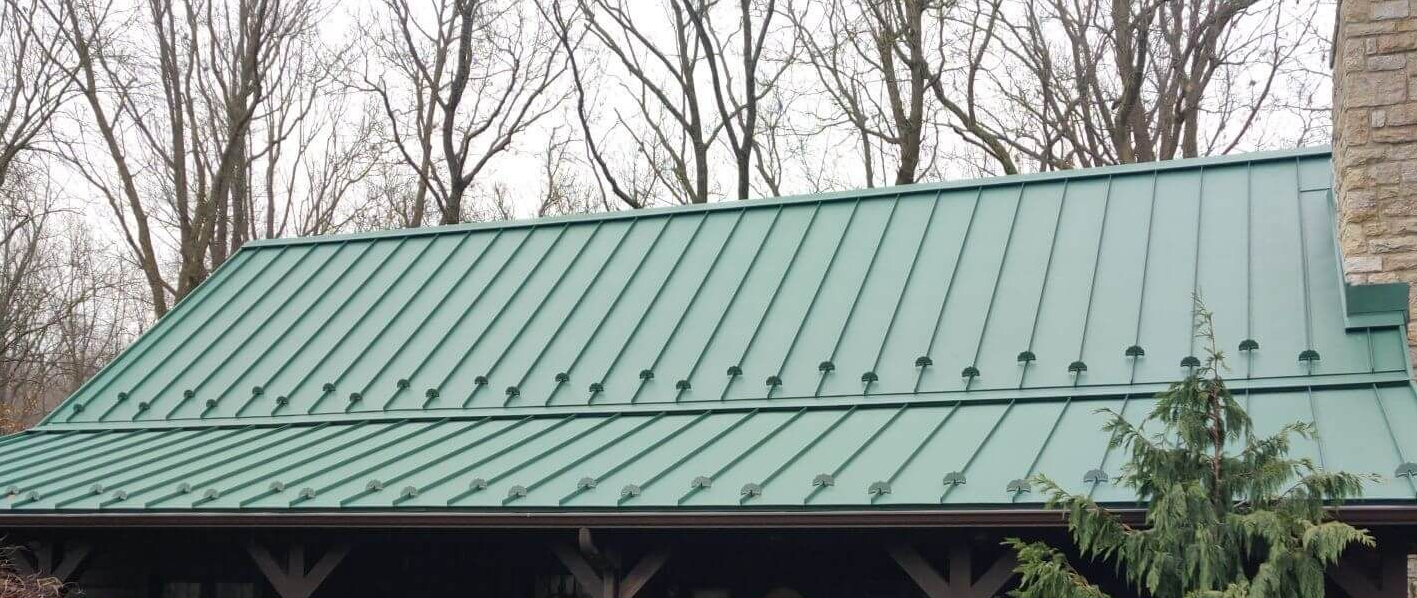 Green metal roof on a house with bare trees in the background