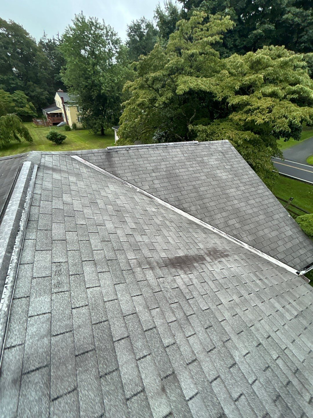 Asphalt shingle roof sections viewed from above on Henry Avenue in Boyertown, PA.