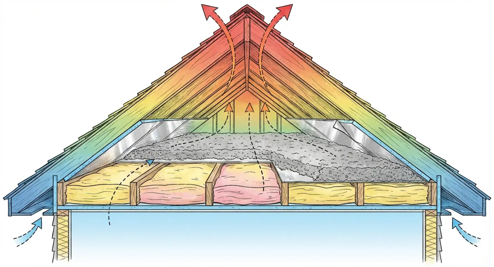 Color-coded attic insulation cross-section showing heat flow through roof and ceiling вентиляция
