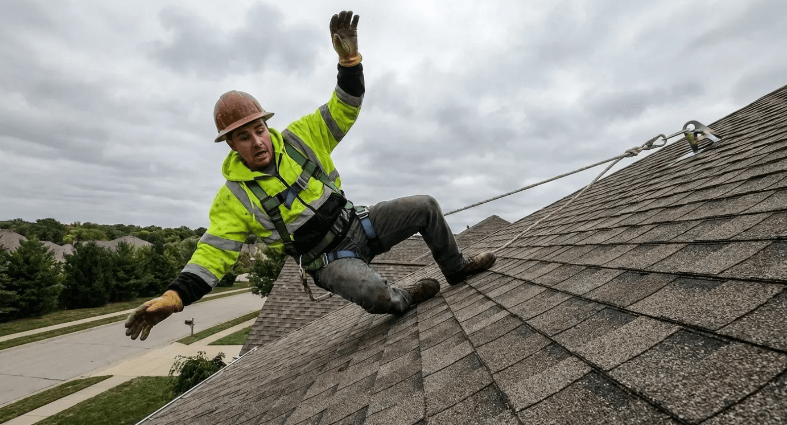 Worker in a hard hat and safety vest on a steep shingled roof, climbing with one arm raised