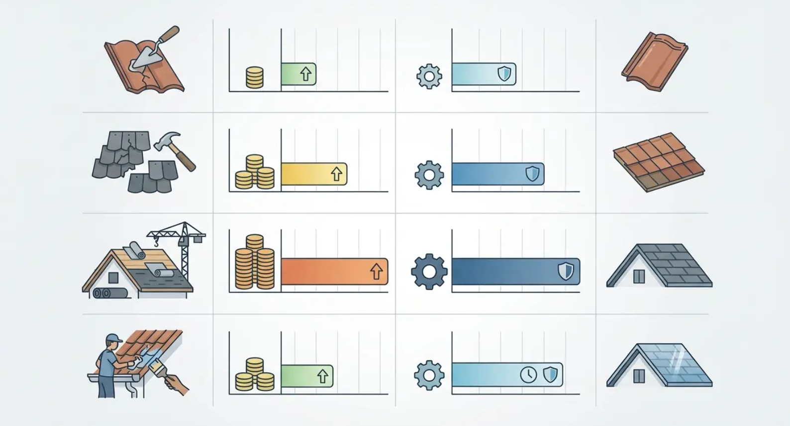 Diagram comparing four housing/rebuild stages with icons, color bars, and progress markers.