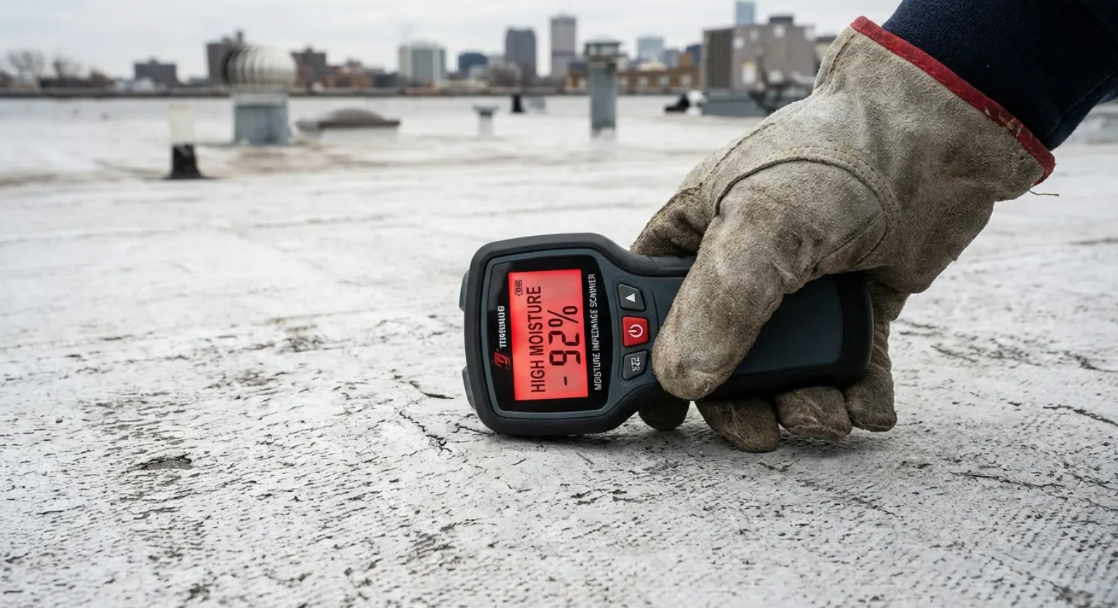 Technician using a moisture meter on a flat roof to detect trapped water during roof repair.