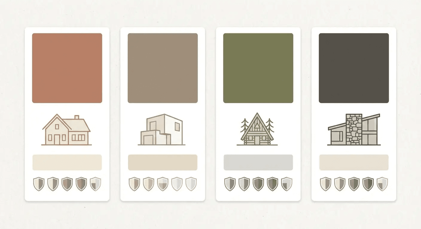 Taupe house with black roof and white trim