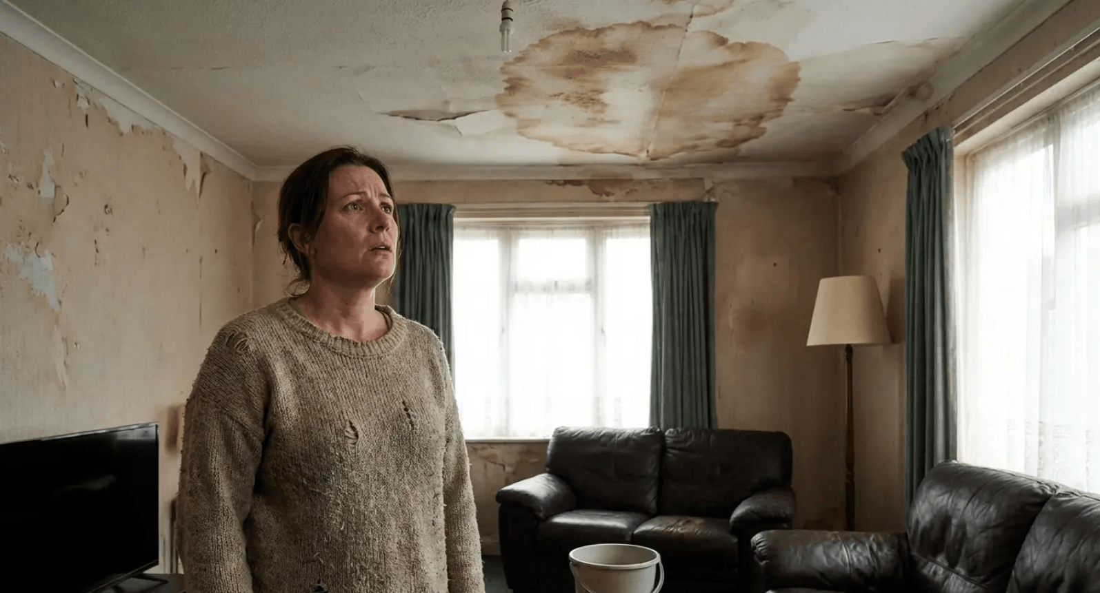 Person standing in a damaged living room with stained ceiling and worn furniture, looking toward the window