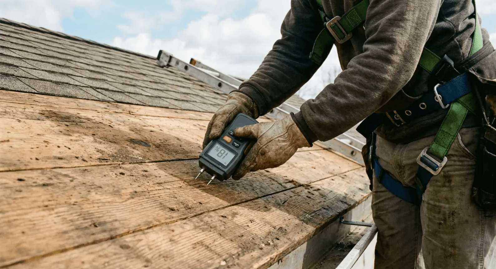 Worker using a handheld meter to inspect a roof surface during repairs
