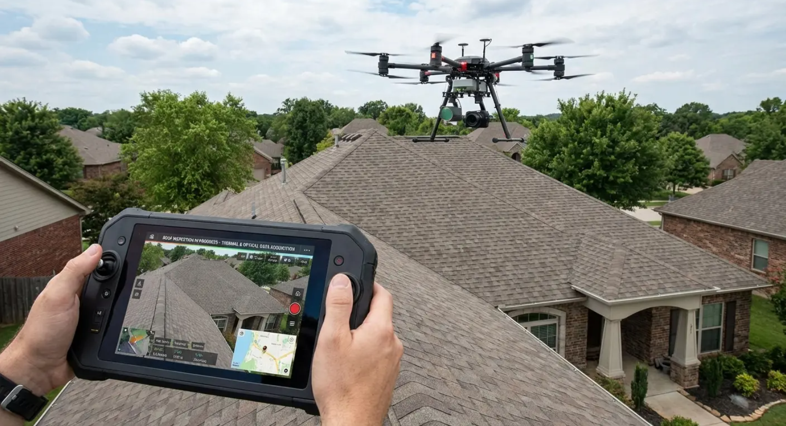 A drone captures a 3D model of your home to provide precise roofing measurements.