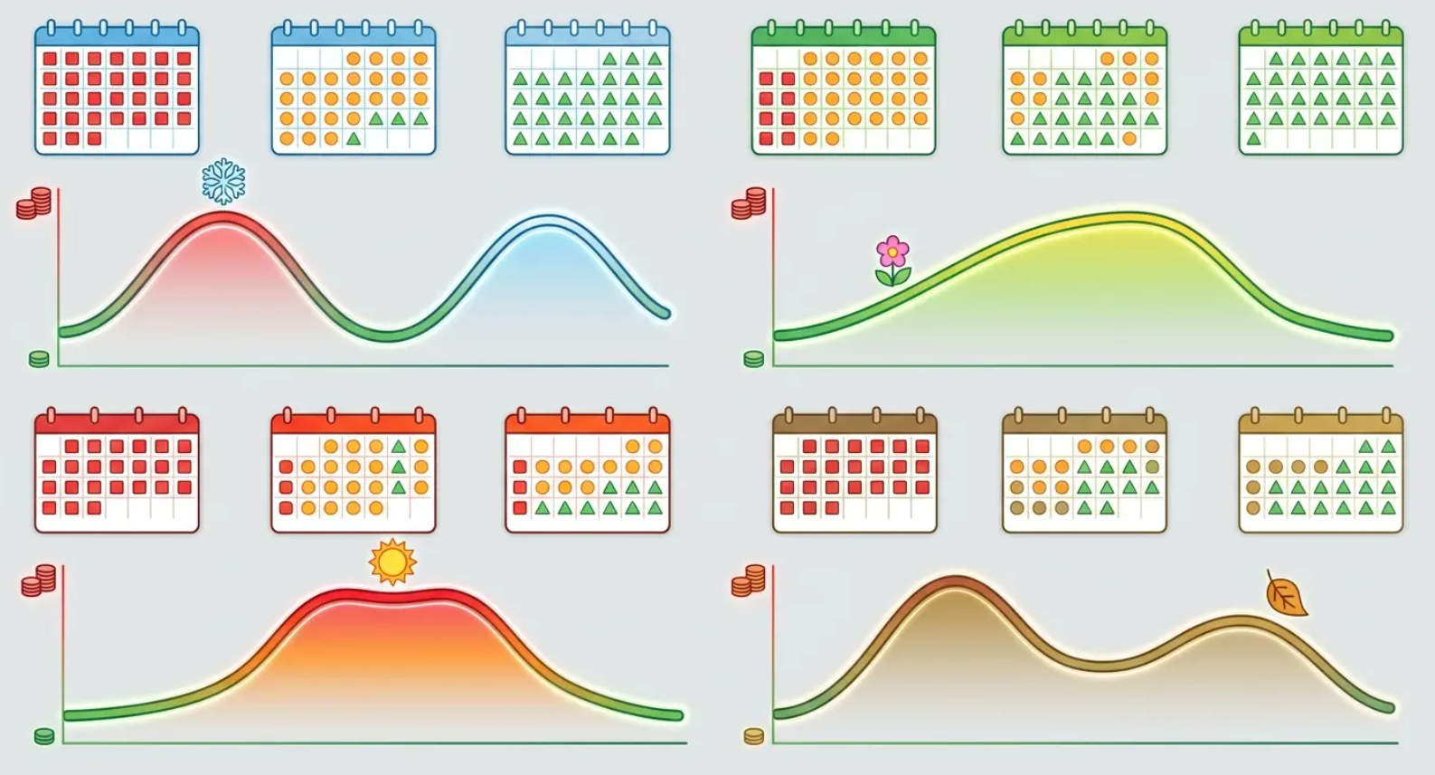 Four-panel weather chart showing seasonal temperature curves in red, green, yellow, and brown.
