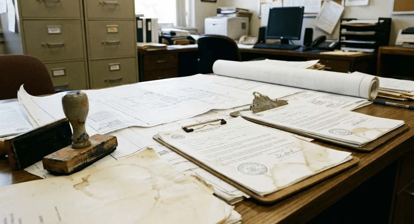 Office desk covered with papers, stamps, and paperwork, with filing cabinets and computers in the background