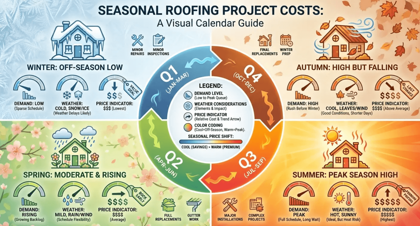 Seasonal roofing project cost calendar showing when to hire a roofer for the best price