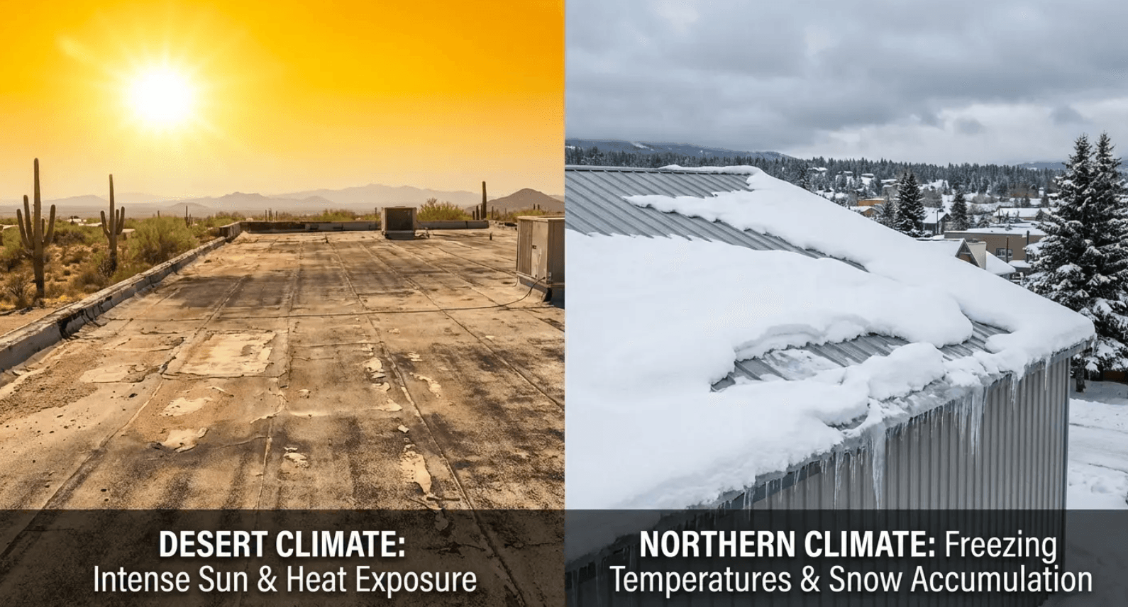 Split image: desert with intense sun and a snowy northern scene showing freezing temperatures.