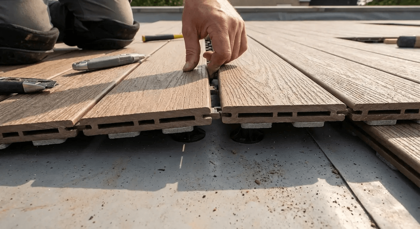 Interlocking deck tiles on flat roof patio