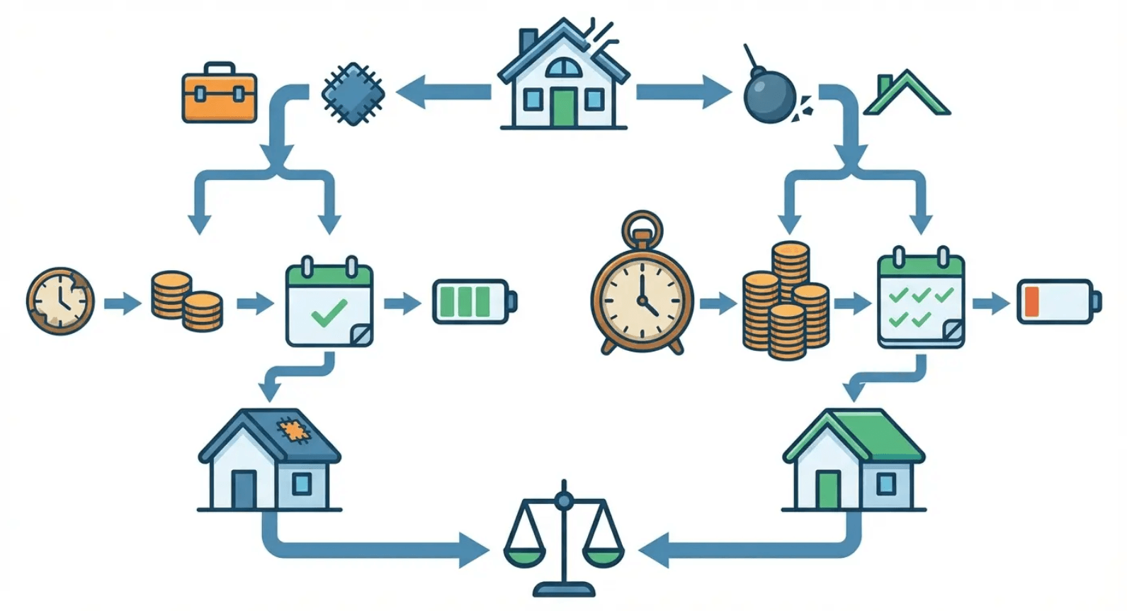 Infographic comparing repeated flat roof repair costs versus full replacement over time