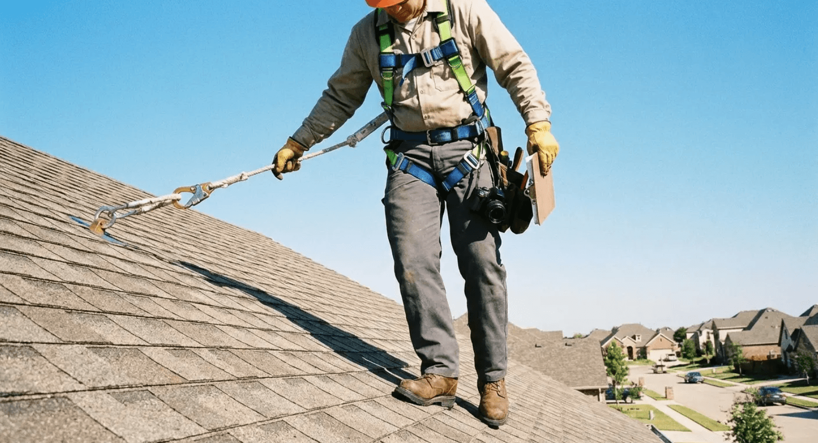 Insured roofer on a residential roof in a safety harness - liability included in inspection cost