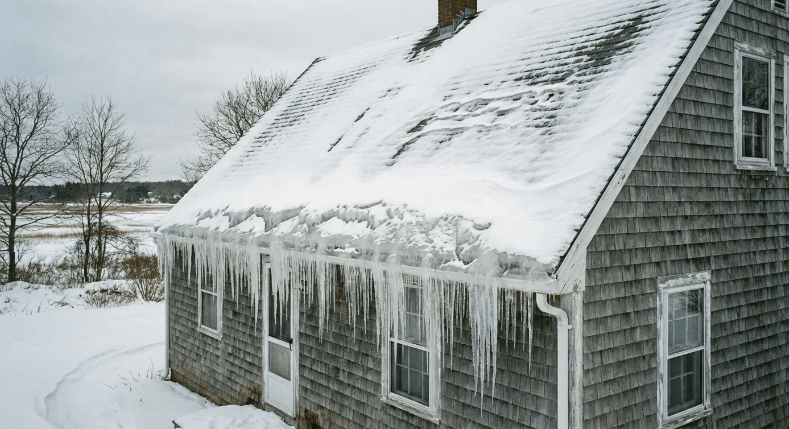 Ice dams and heavy icicles overtaking a Cape Cod eave - what skipping proper winter protection eventually costs