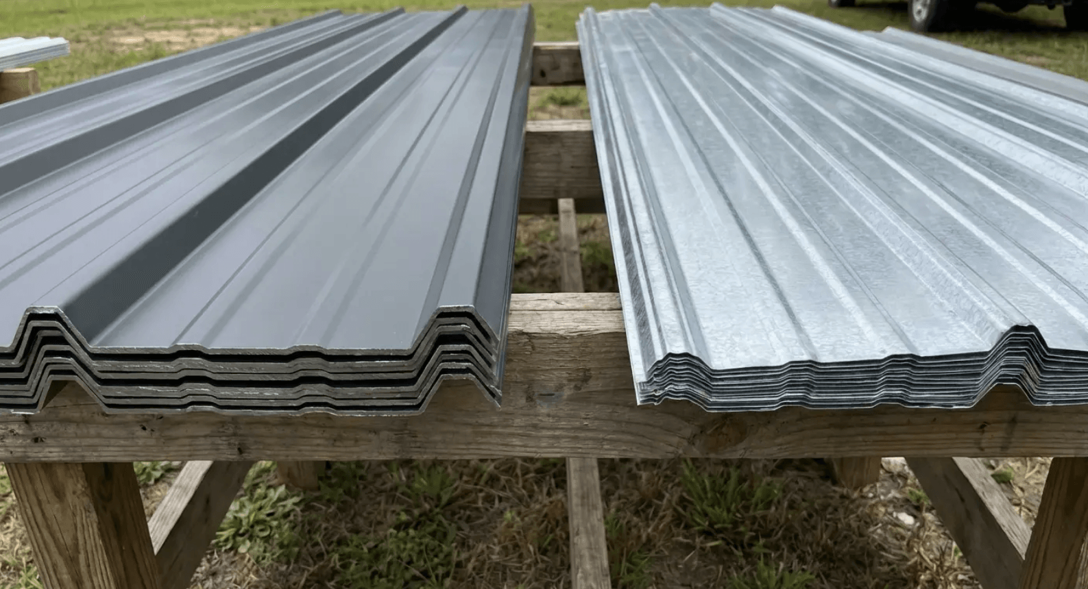 Stacked gray metal roofing panels on wooden supports outdoors
