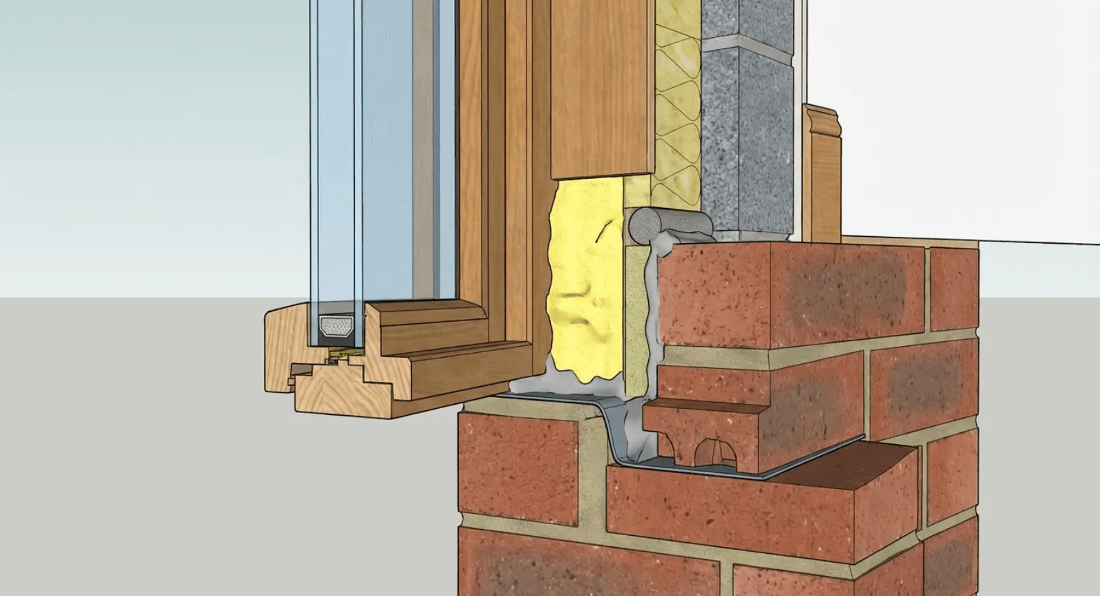 Cross-section of a window frame embedded in brick wall with insulation and flashing details