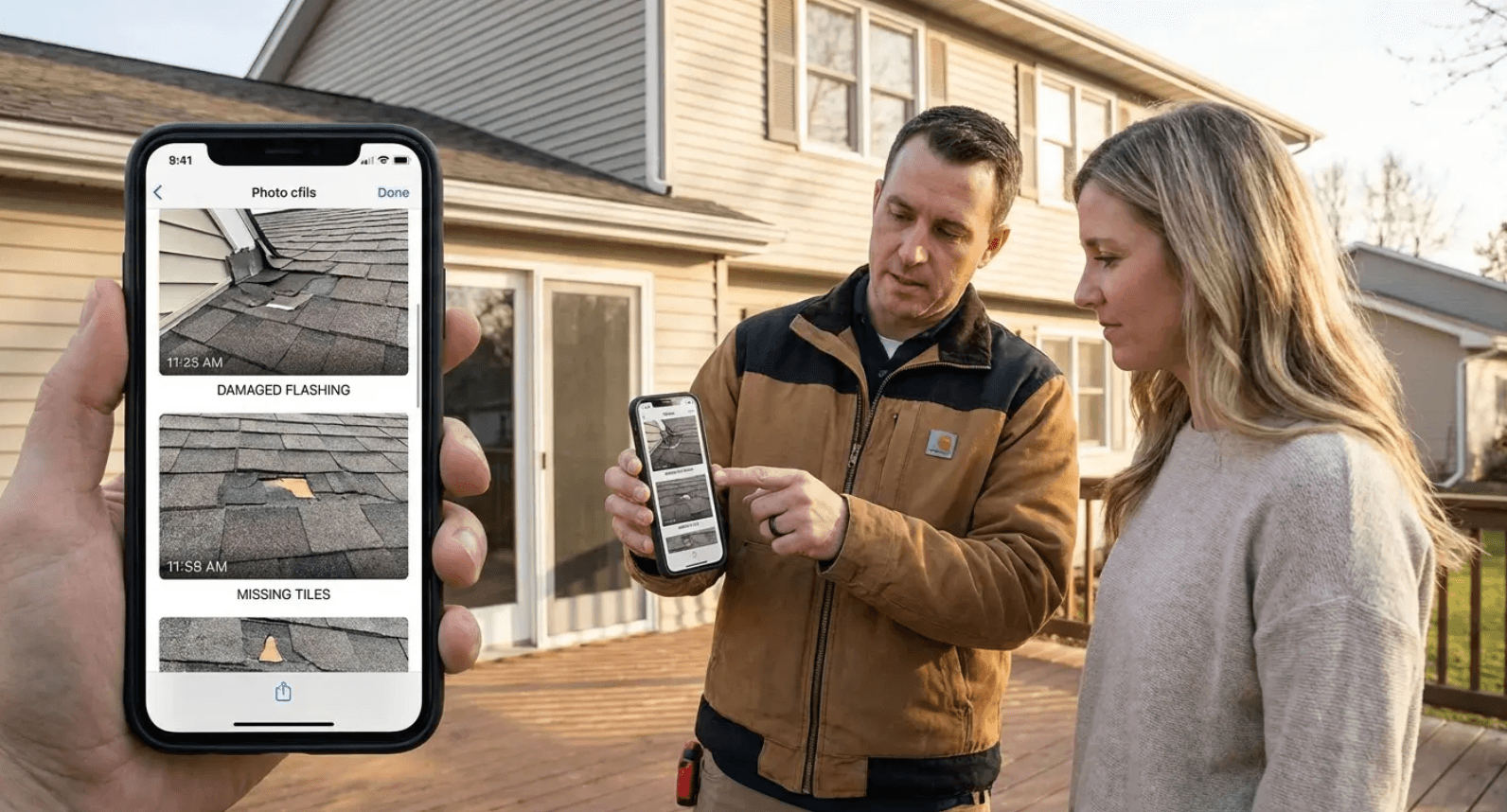 Roofer showing a homeowner roof inspection photos on a phone for full transparency