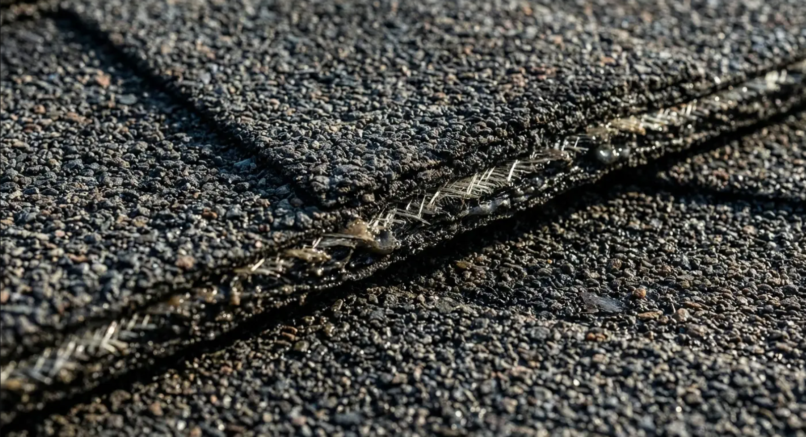 Close-up of asphalt shingle roof. The granules are dark gray with a visible seam.