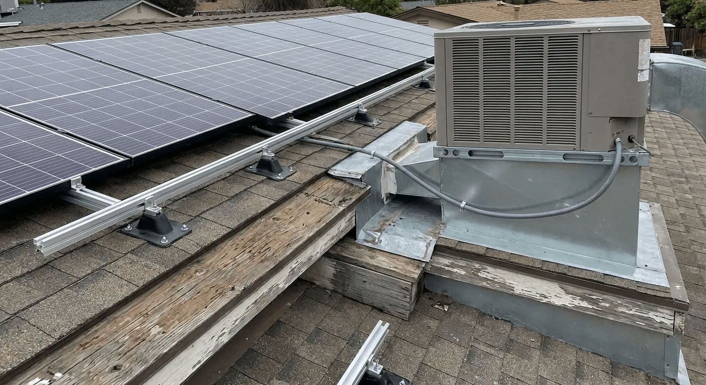 Solar panels and rooftop HVAC unit on a flat commercial roof with gravel and metal framing