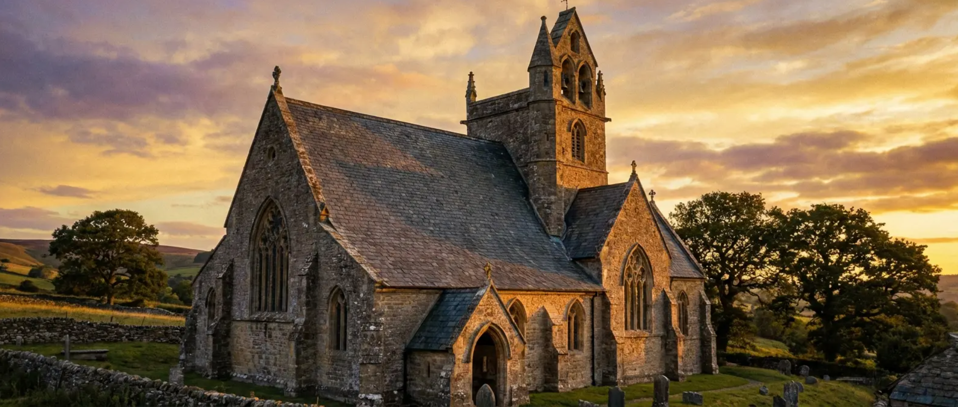 Church exterior with text overlay: