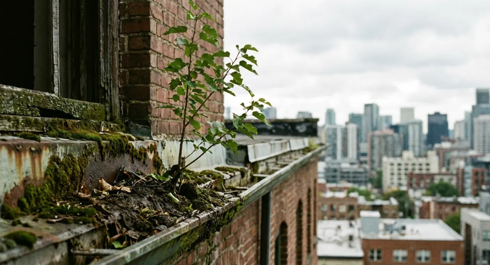 A plant grows from a rooftop gutter, with a city skyline blurred in the background.