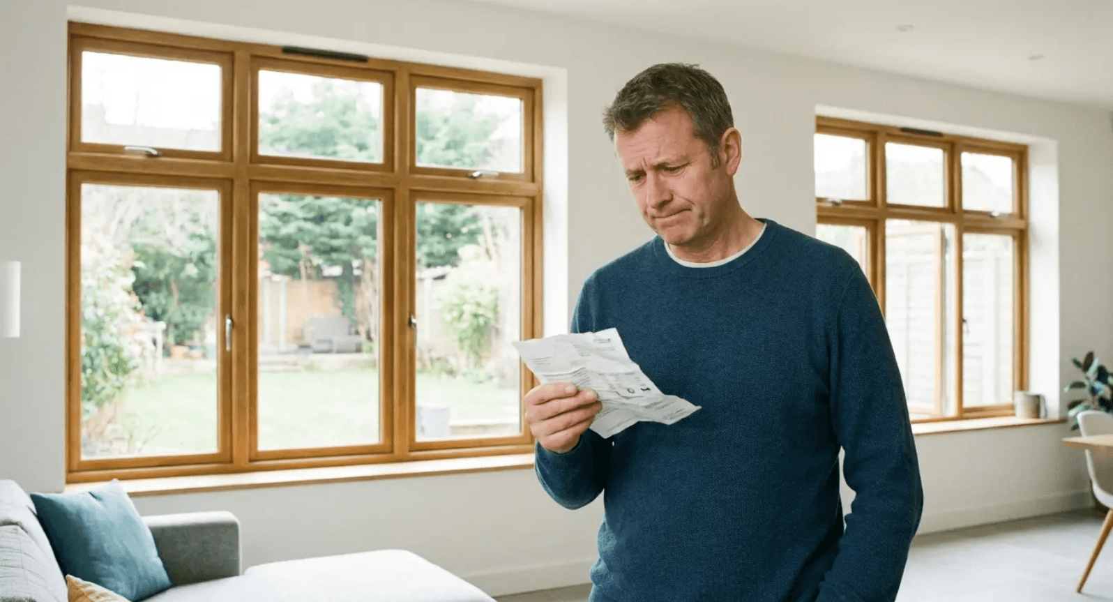 Man reading a letter in a bright room with large windows
