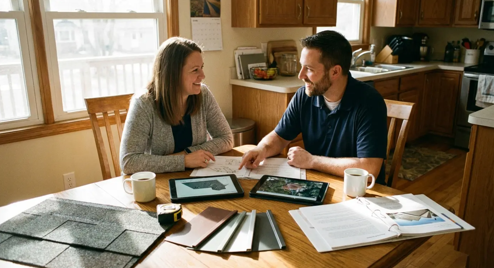Two people talking at a kitchen table with papers, tablet, and coffee mugs, planning together.