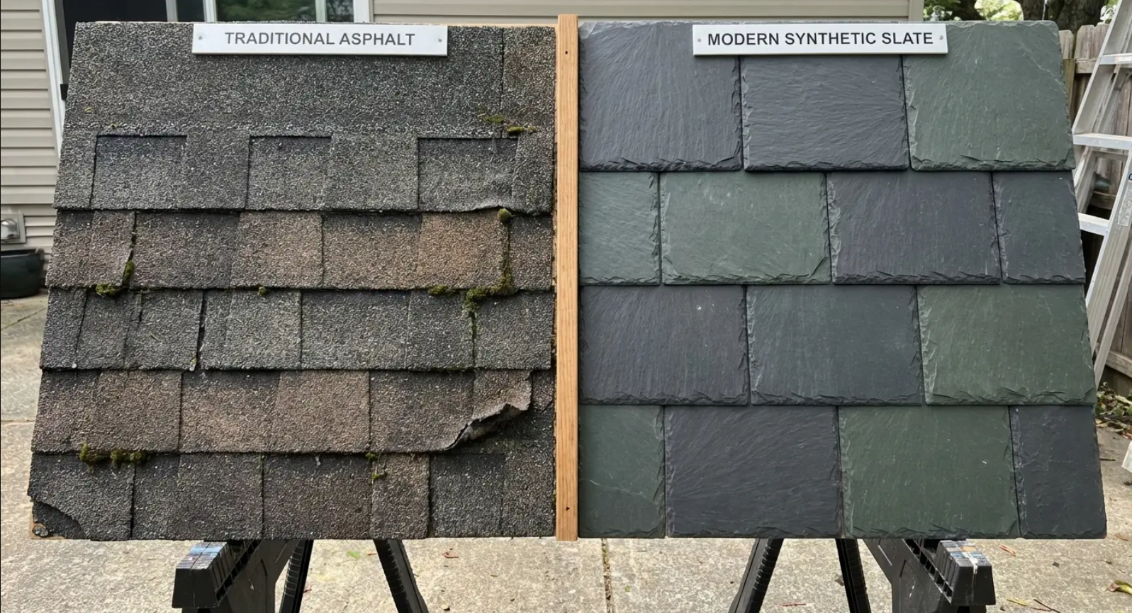 Side-by-side view of traditional asphalt roofing and modern synthetic slate roofing.