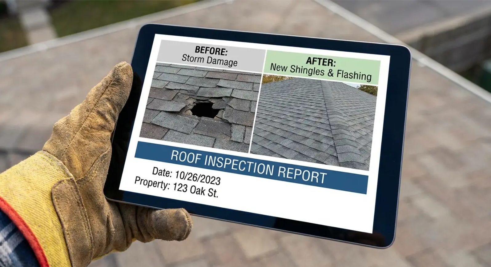 A person wearing  gloves holding a tablet displaying a roof inspection report with before and after images of roof damage.