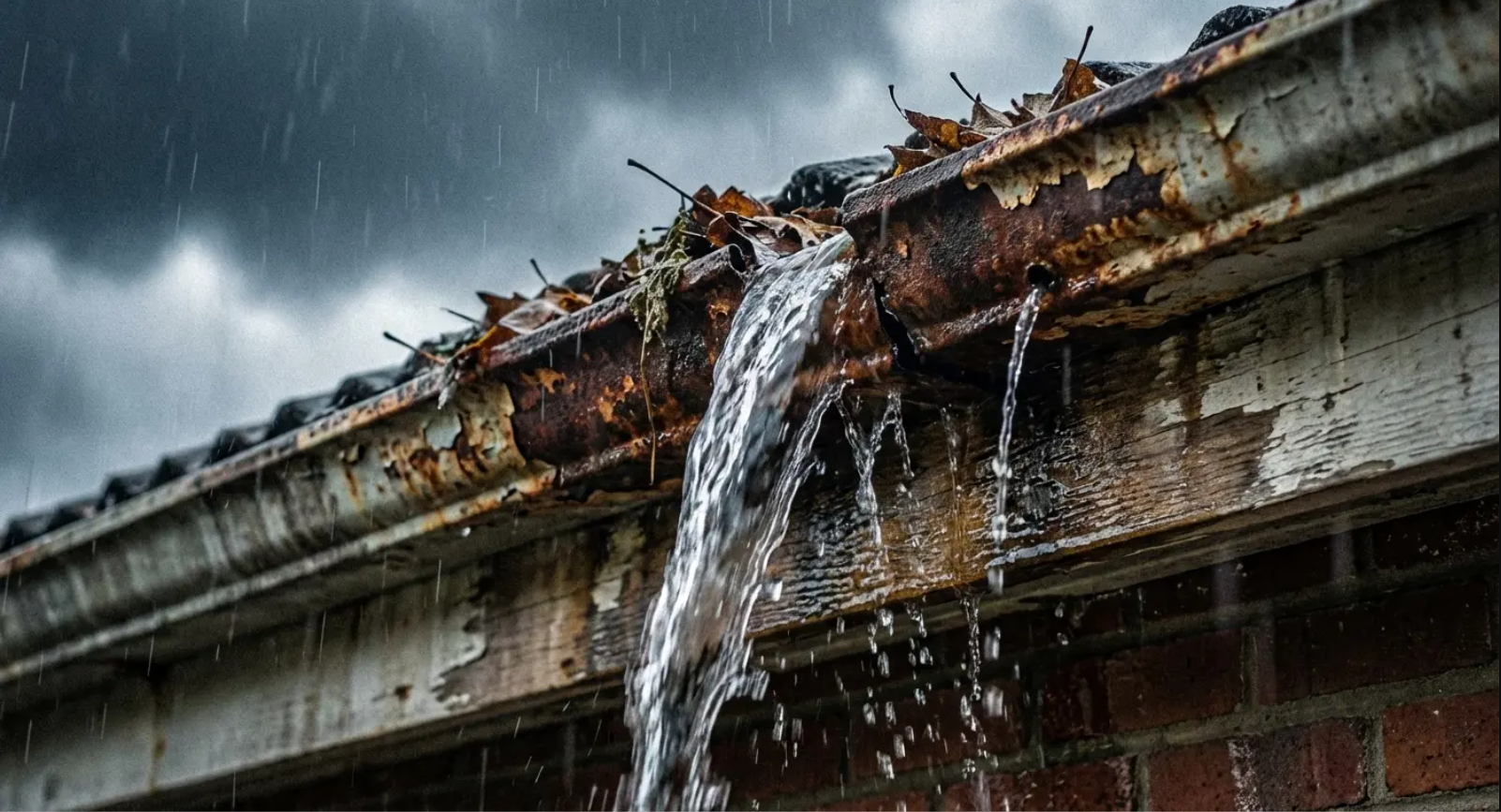 Gutter replacement guide: text overlay on a close-up of a house's roof, gutter, and siding.