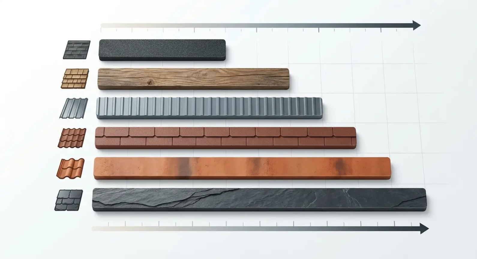 Horizontal stack of seven textured material bars in gray, brown, and orange, with arrows indicating length.
